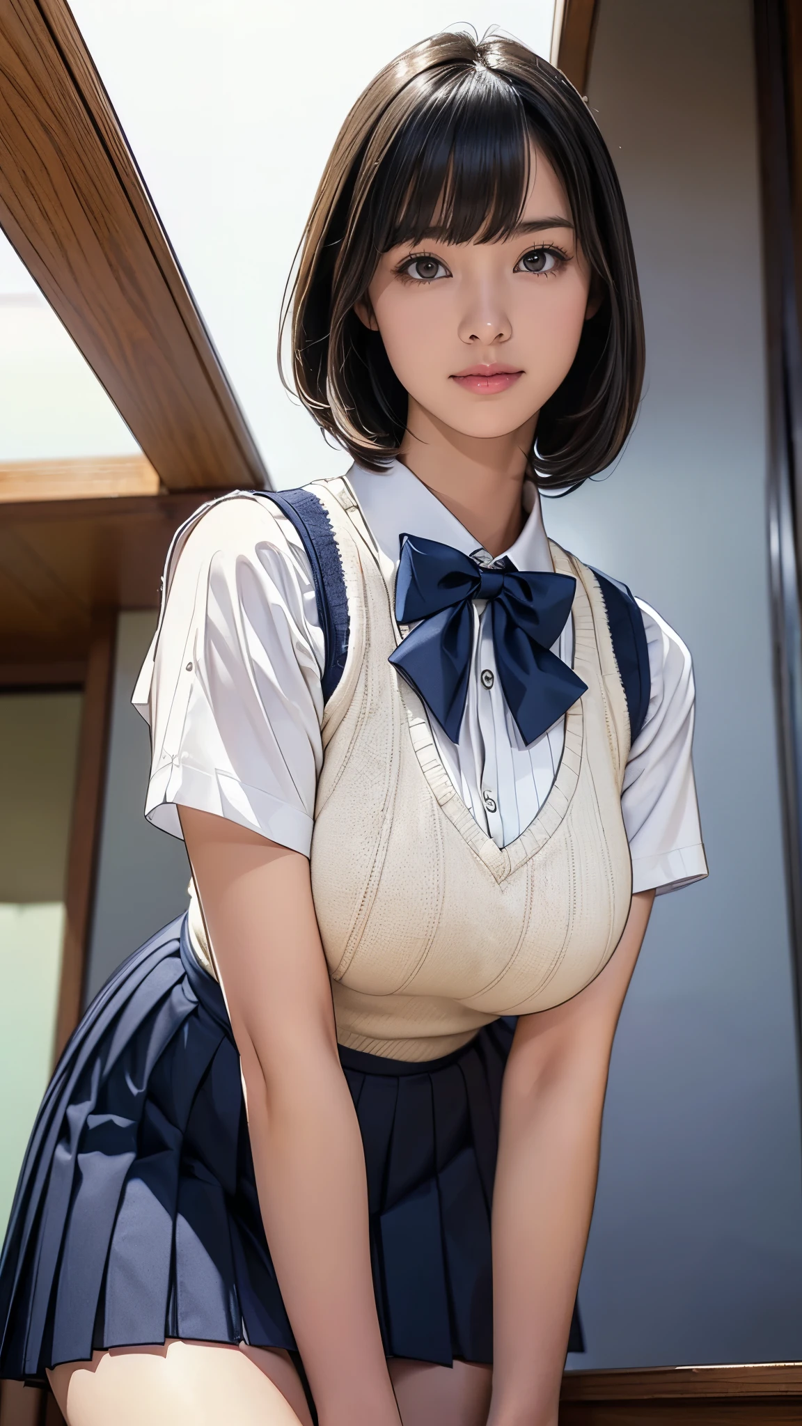 (masterpiece:1.2, Highest quality), (Realistic, photoRealistic:1.4), (Large Breasts:1.5), Beautiful illustrations, (Natural Side Lighting, Cinema Lighting), Written boundary depth, Looking at the audience, (Face Focus, Upper Body), Front view, 1 girl, Japanese, high school girl, 15 years old, Perfect Face, Symmetrical cute face, Glowing Skin, (Bob Hair:1.7,Black Hair), Asymmetrical bangs, Big eyes, Droopy eyes, long eyelashes chest), thin, Beautiful Hair, Beautiful Face, Beautiful and beautiful eyes, Beautiful clavicle, Beautiful body, Beautiful breasts, Beautiful thighs, Beautiful legs, Beautiful fingers, ((Quality fabric texture, brown knit vest, Short sleeve white collar shirt, Navy Pleated Skirt, Navy bow tie)), (Beautiful views), evening, (Inside the flower shop), Are standing, (smile, Superior, Open your mouth), (From below:1.5),(Poor visibility:1.5), (From below)