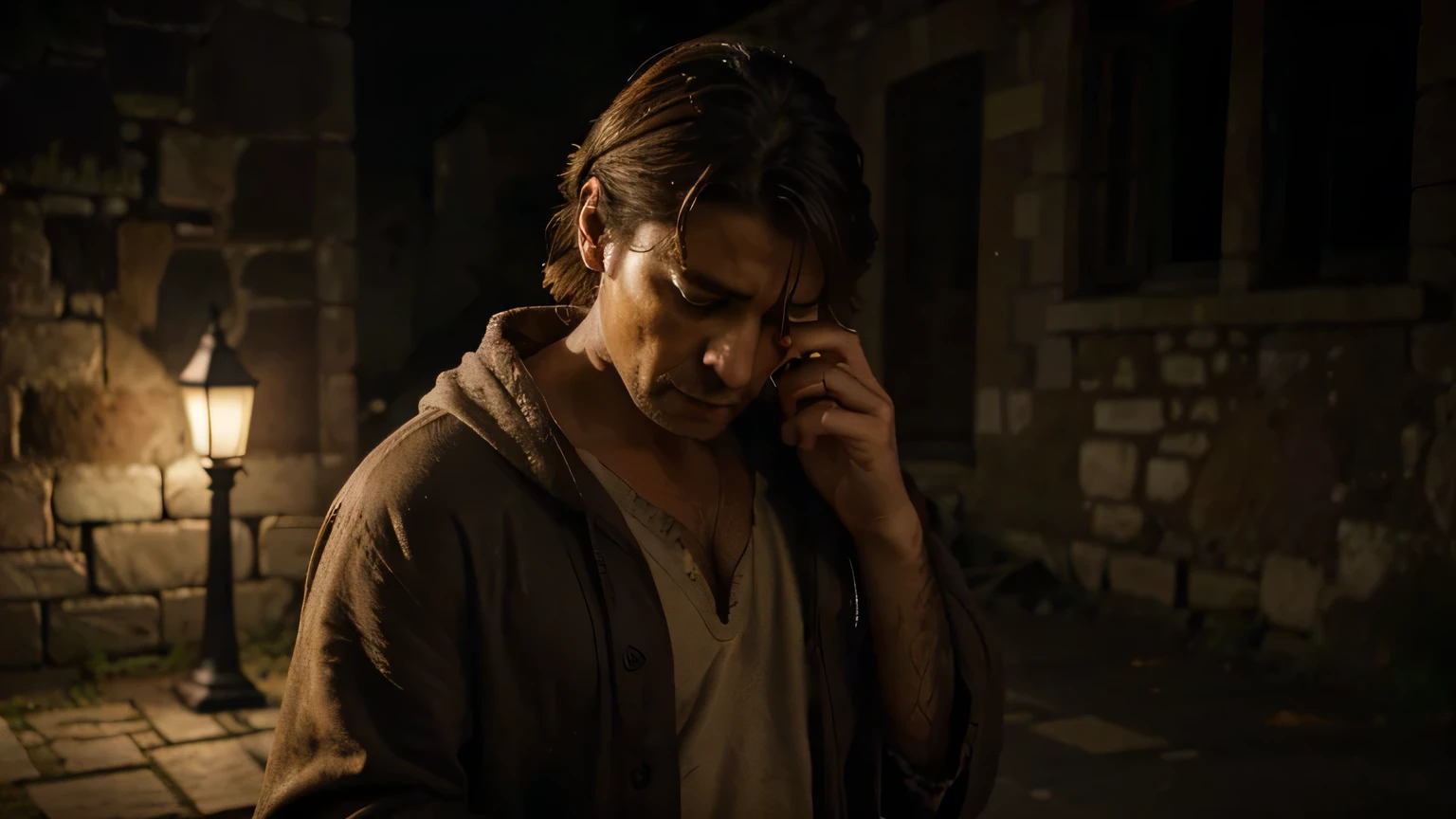 At night, a man CALLED ABOUT 50 YEARS OLD with brown hair, Jairo, CRIED WITH MANY TEARS, CRYING HEARTBACK, with an expression of great concern and tears in his eyes, creating an atmosphere of chiaroscuro and drama. Jairus is dressed in a tattered brown robe and his appearance is aged and worn, reflecting his distress. The stone street and rough stone walls in the background evoke an austere, historical setting. Dramatic lighting and intense shadows highlight the intricate details of her face and hands, capturing her fervent plea in a high-resolution (4k, 8k) cinematic composition that emulates the quality of a Renaissance masterpiece painted in oils. Skin tones are natural and facial features are highly detailed, with realism and photorealism that accentuate the emotion of the moment.