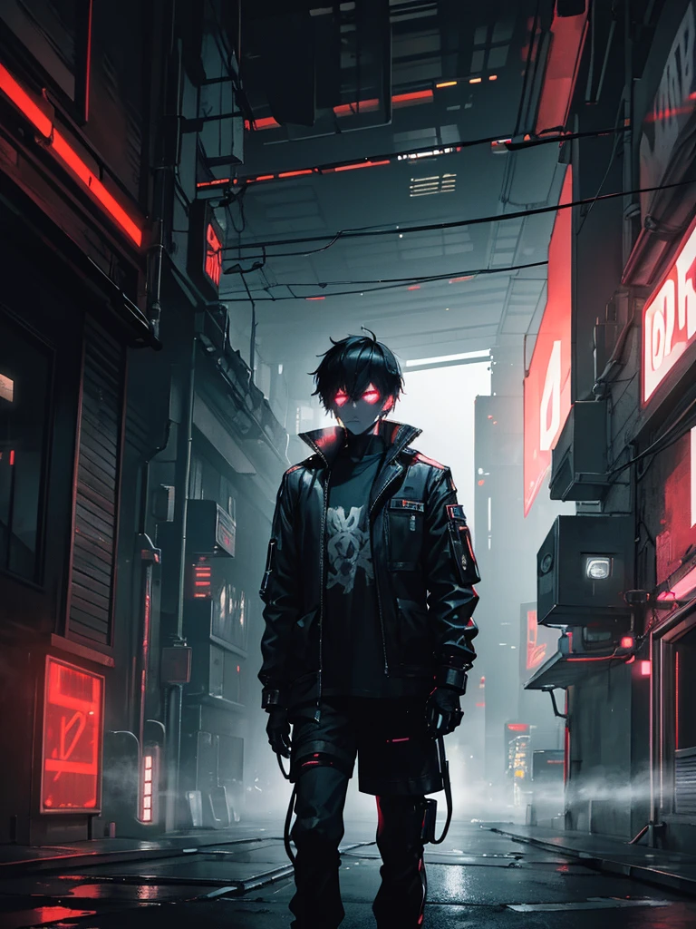a man with a television head, cyberpunk scene, wearing a shirt, dark, alley, 1 person, highly detailed, 8k, hyperrealistic, cinematic lighting, dramatic shadows, neon lights, advanced technology, glowing elements, moody atmosphere, gritty urban environment, dystopian future, intricate details, volumetric fog, realistic skin textures, mesmerizing colors, stunning composition