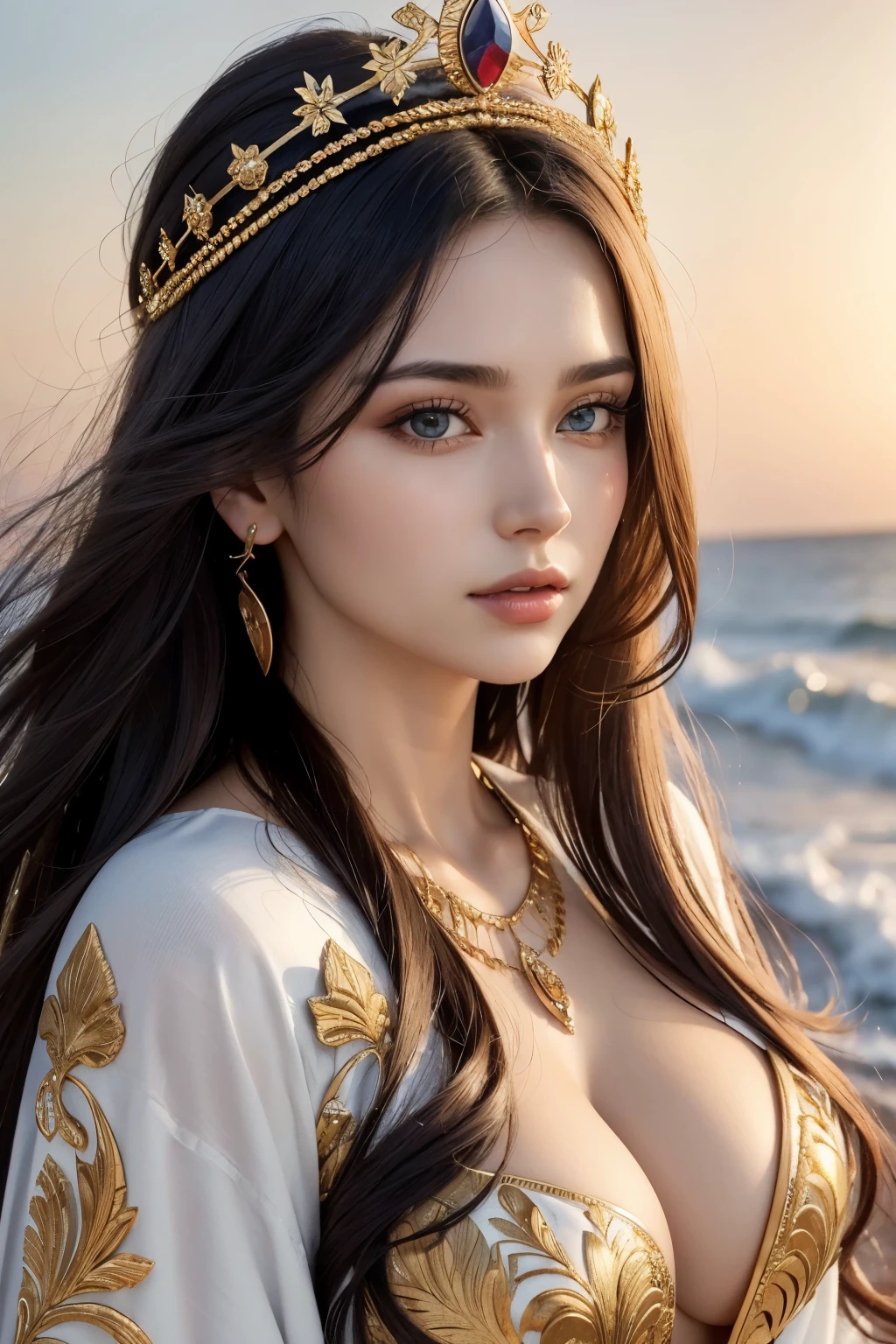 absurdrez, ultra detali, high qualiy, work of art, face detailed, gorgeous eyes(detailedeyes), greek mithology, goddess, hera , the queen of the gods, striking and captivating, features are classically beautiful, with high cheekbones, a face of perfect proportions, eyes portrayed as large and captivating, keep an intense gaze, golden hair , Gole hair is lush and flowing, cascading down the coast in waves,wearing elegant robes adorned with intricate patterns ,Your beauty is not only superficial, but embodies the essence of power, autoridade, and royalty.