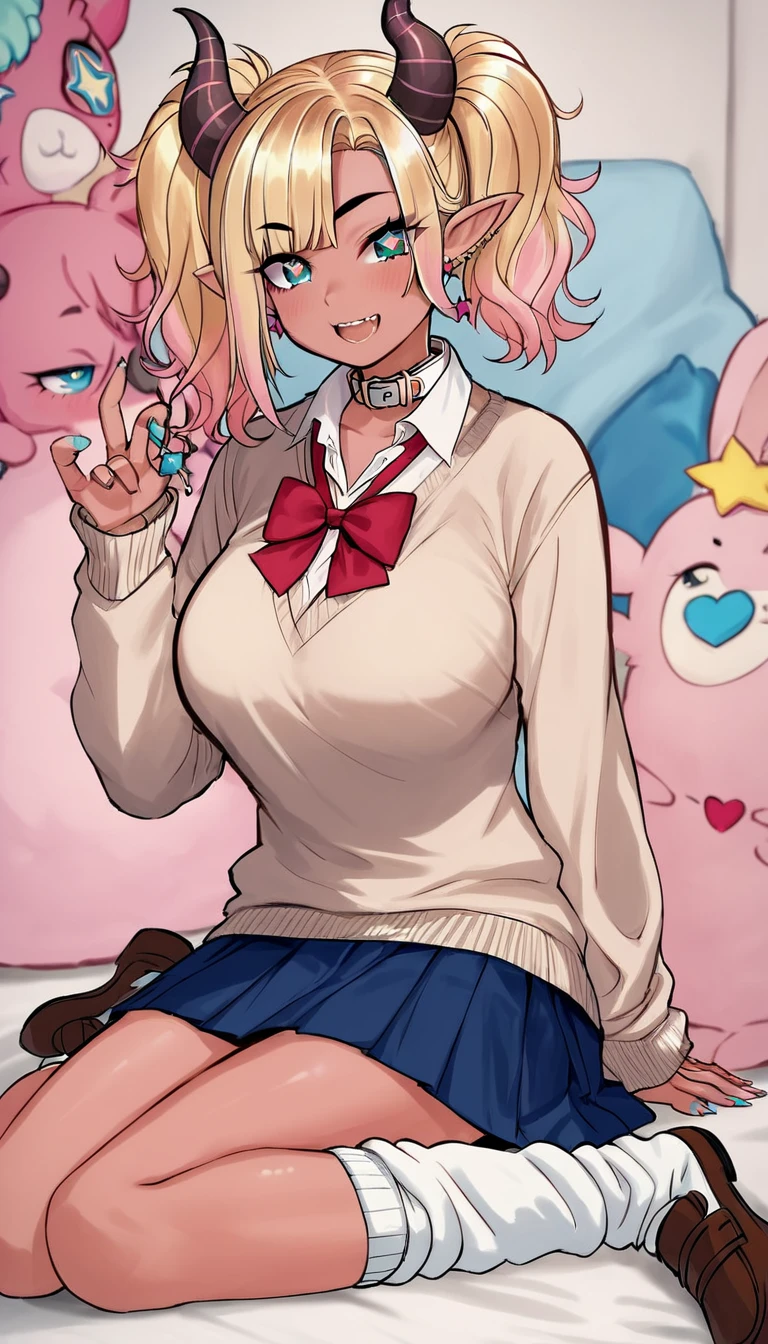 1girl, pink skin, blonde hair, messy pigtails, medium hair, heart hair accessories, black eyebrows, beige sweater, (((gyaru))), cyan eyes, (star pupils), elf ears, ((pink fluffy axolotl horns)), blue short skirt, red bow ribbon, white collar shirt, loose clothing, large loose socks, gyaru socks, brown flats,
Score_9,Score_8,score_7_up,source_anime, rating_questionable, 
