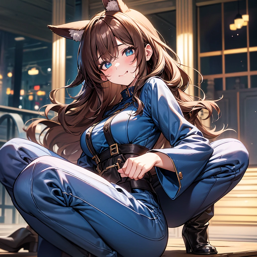 nsfw,one woman,midnightblue police uniform,squatting,large breasts,cute face,big eyes,naughty expression,wave hair,from front,looking at viewer,indoor,japanese、brown hair, expressive hair, star-shaped pupils, eyeball, aqua eyes, sparkling eyes, dog ears, blush stickers, happy, Surrealism, アニメ, アニメ style, depth of field, cowboy shot, 8k, super detail, uhd, masterpiece, accurate, anatomically correct, textured skin, super detail, high details, high quality, award winning, best quality, highres - poses and expressions: • Head tilted slightly • Large eyes with an intrigued expression • Mouth slightly open、Happy smile • Overall、Curious and affectionate - Characteristics: • Long, fluffy wavy hair(Reminiscent of dog ears) • Large, expressive eyes • Small nose and mouth(Reminiscent of a dog's nose) - clothing: • Clothes with a fluffy texture(The skirt and sleeves feature designs reminiscent of dog tails and ears.) • Light pastel colors - Accessories: • A cute collar around the neck(Those with ribbons or jewel-like decorations) - background: • A corner of the living room • A sofa and cushions、You can see some potted plants. • Soft light is coming in through the window. • Carpets and dog toys are scattered on the floor. - Overall atmosphere: • Bright and warm colors • Lots of soft lines and rounded shapes • A cozy, lived-in atmosphere」