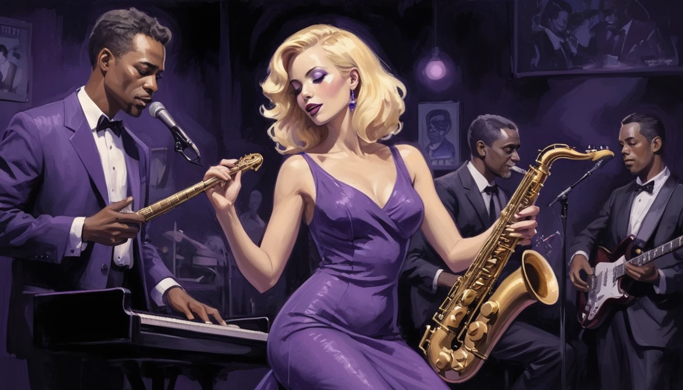 alabama bar, blue note, charismatic, baterist, guitarist, saxophonist, purple dress, illustration, noir fantasy, singer blonde lady,