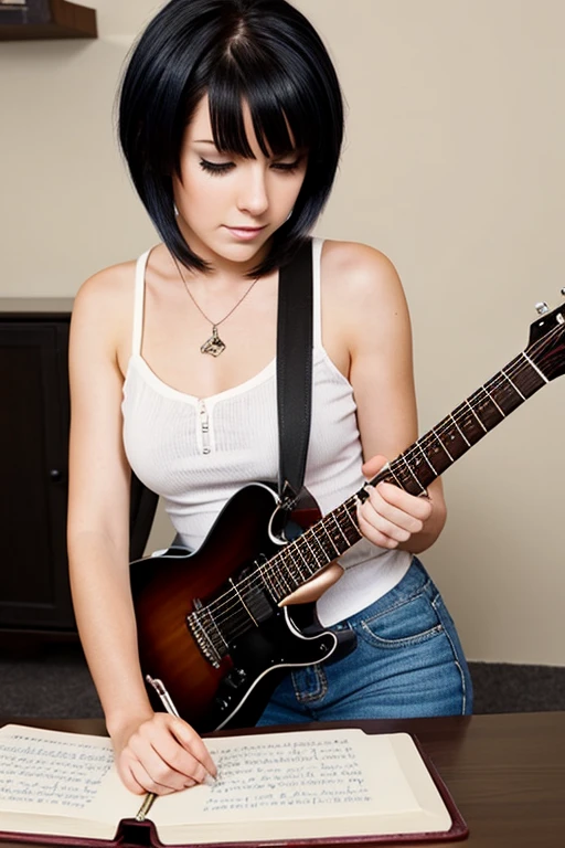 White woman with short dark hair, rocker style, writing in a notebook, with a guitar by his side, anime style