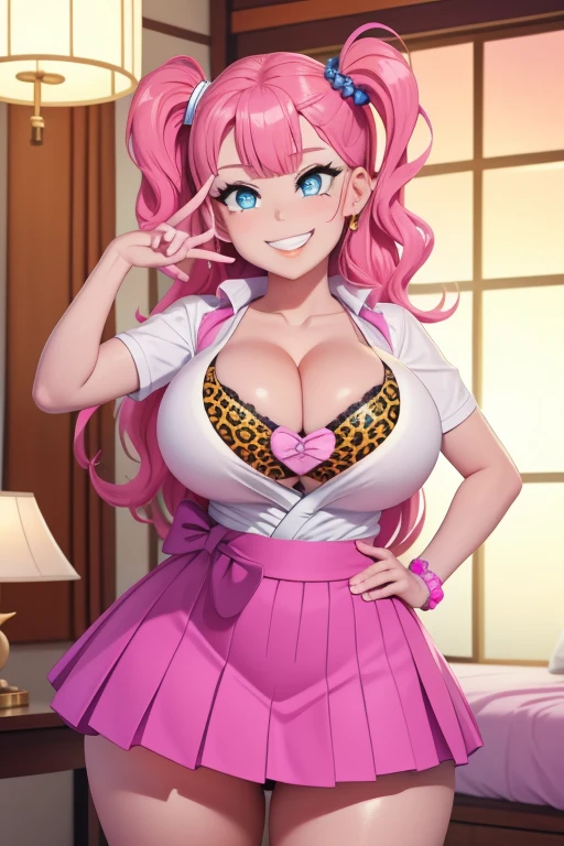 big lips, pink hair, blue eyes, japanese face, gyaru, two side up, huge breasts, wide hips, sexy, pink theme, kawaii, detailed, pink room, decora, bangs, grin, gyaru outfit, kawaii, pleated skirt, cleavage, huge , gigantic , dynamic pose, dynamic angle, evil grin, leopard print