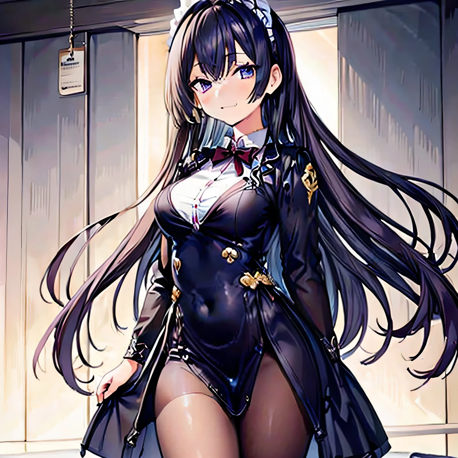 punctuation_9, punctuation_8_High above, punctuation_7_High above, punctuation_6_High above, punctuation_5_High above, punctuation_4_High above, yuki suou, Bblack hair, long hair, purples eyes, 1 girl, standing alone, eyes locked, Secretary, headdress, overskirt, ssmile,Secretary, thicc thighs, overskirt preta curta, pantyhose, social shirt, fully body,
