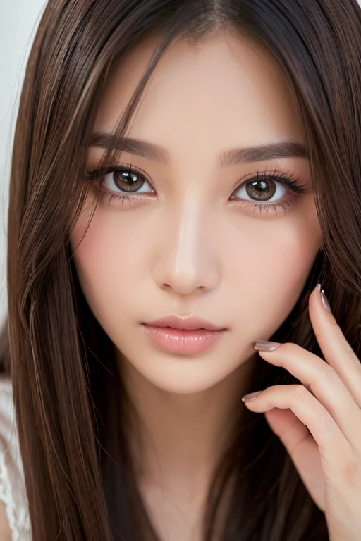 1girl, solo, long_hair, looking_at_viewer, brown_hair, black_hair, original, brown_eyes, parted_lips, black_eyes, lips, fingernails, eyelashes, close-up, realistic, nose, photo_(medium)
