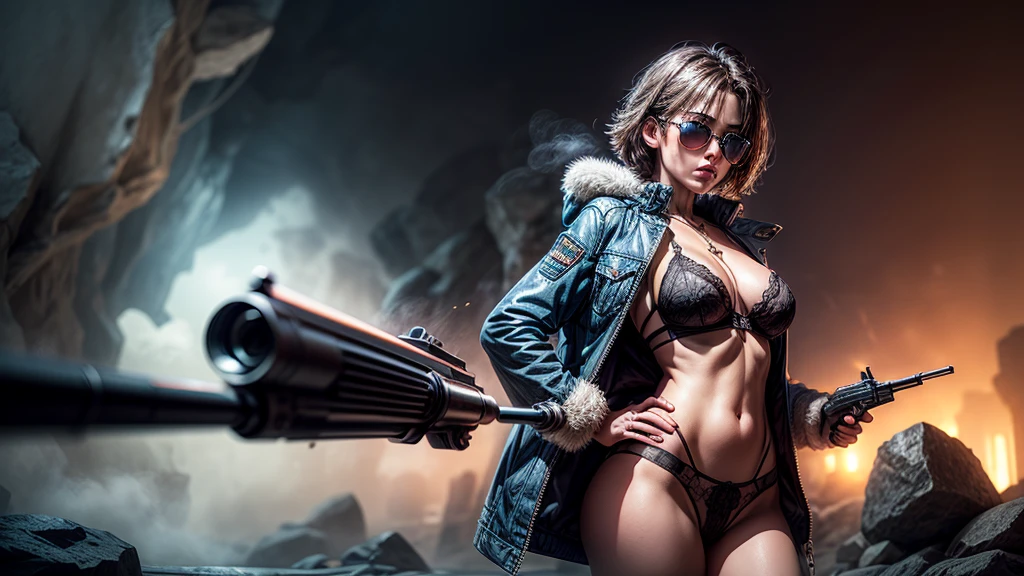 at night, fountain of youth, mystery cave, underground. (((1girl, solo, alone))), large-breast:1.2 slim:0.6 body, slim face, cleavage:1.1, sexy lingerie with jacket, (black sunglasses), (((holding a pistol))), standing pose, (half-body thigh:1.1 level medium shot), mysterious fog, cinematic lighting, ray tracing.