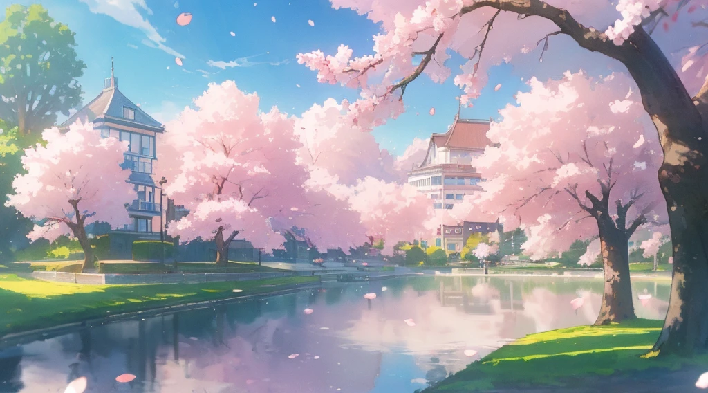 best quality, Small lake in the city, Cherry tree, Cherry blossom petals, Buildings in the background, Vision, Colorful anime artwork, Beautiful sky, Beautiful sunshine, Stunning scenery, Stunning visuals, beautiful anime artwork, Super sharp, masterpiece, high resolution, 8K