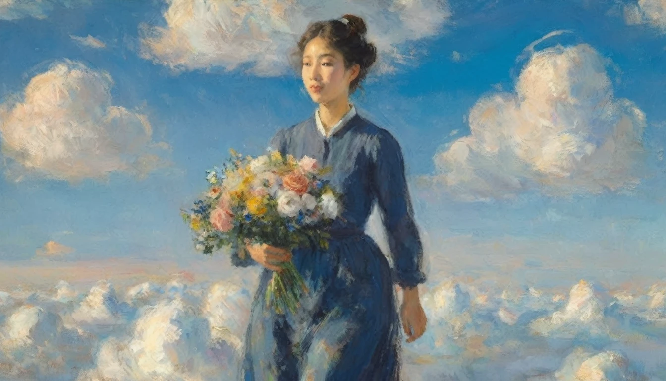 (view from above the clouds:1.6), girl flying in the sky、holding a bouquet、beautiful face、(oil pastel:1.4), crazy paint、dark blue sky、white cumulonimbus cloudasterpiece、best quality、golden ratio、impressionism、pastel colors、impressionist painting、