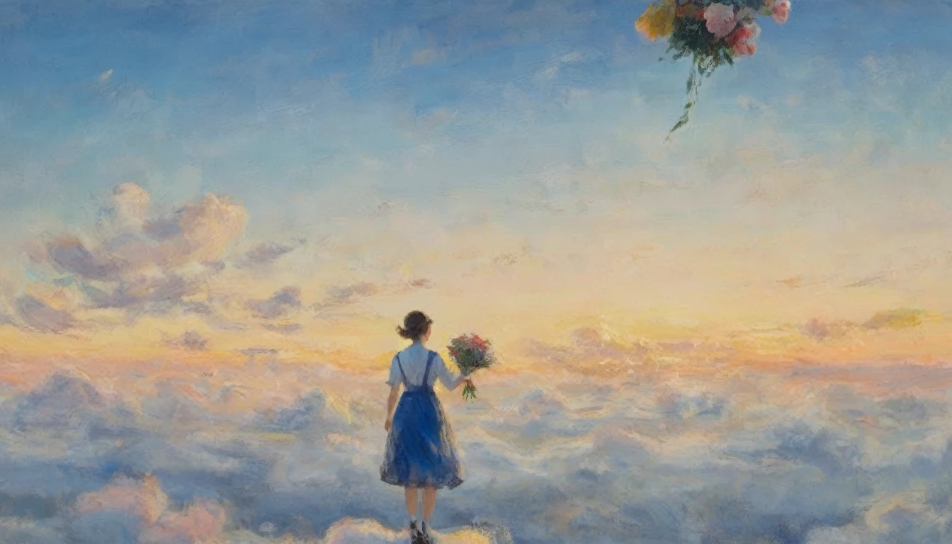 (view from above the clouds:1.6), girl flying in the sky、holding a bouquet、beautiful face、(oil pastel:1.4), crazy paint、dark blue sky、white cumulonimbus cloudasterpiece、best quality、golden ratio、impressionism、pastel colors、impressionist painting、