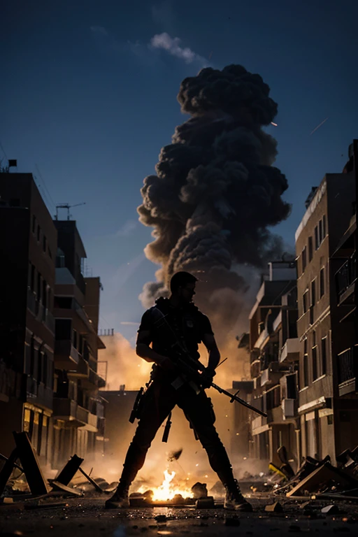 silhouette of a man, various sharp weapons, in a bomb explosion
