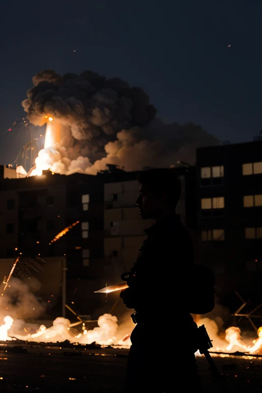 silhouette of a man, various sharp weapons, in a bomb explosion