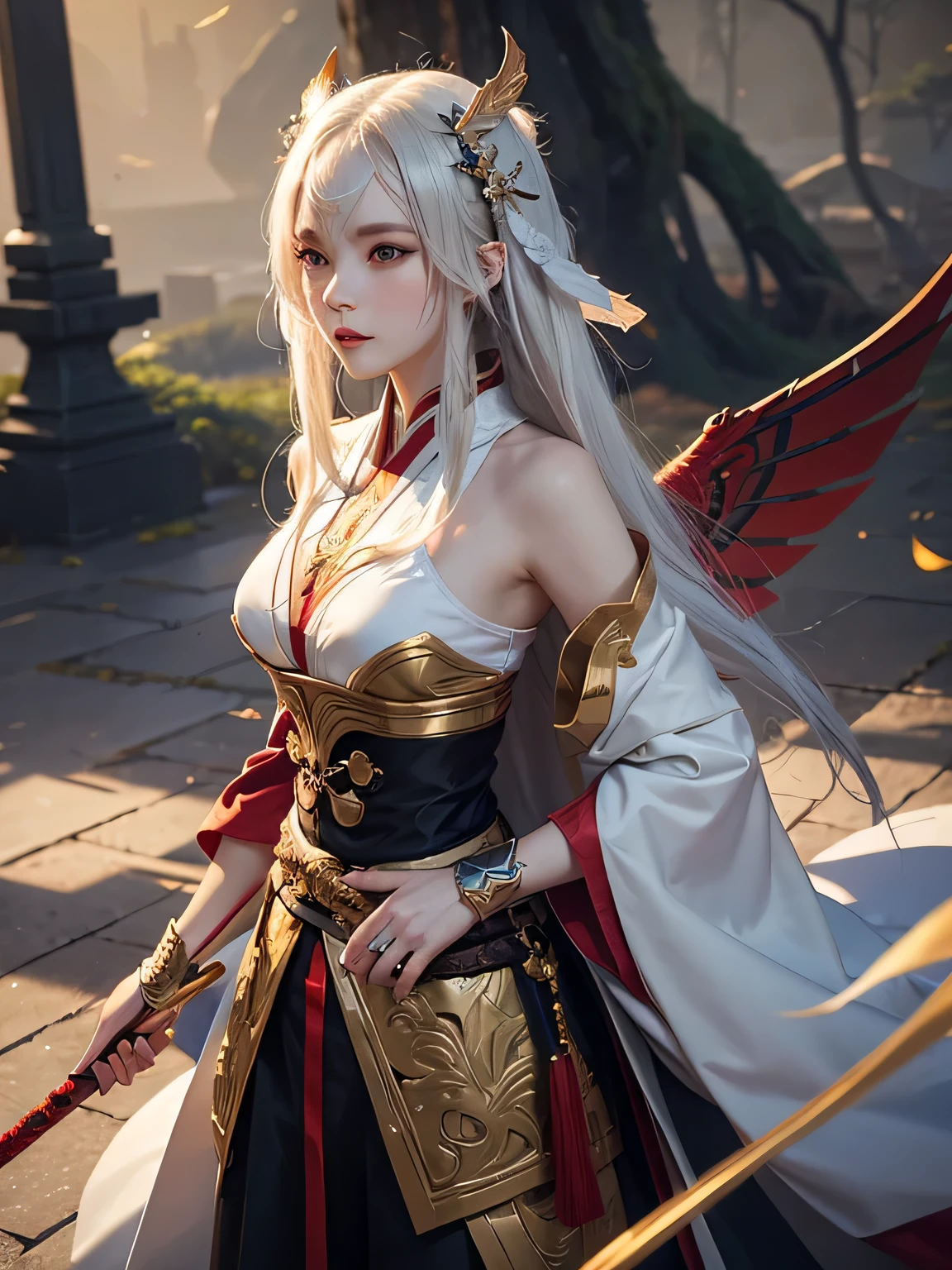 a close up of a woman in a costume with a sword, onmyoji detailed art, g liulian art style, from arknights, trending on artstation pixiv, by Yang J, cushart krenz key art feminine, guweiz on artstation pixiv, rossdraws sakimimichan, onmyoji, prompt:fantasy character with white, slightly tousled hair, pale skin, striking red eyes, intricate golden vine-like patterns, large red and gold wings, highly detailed, elegant, yet fierce