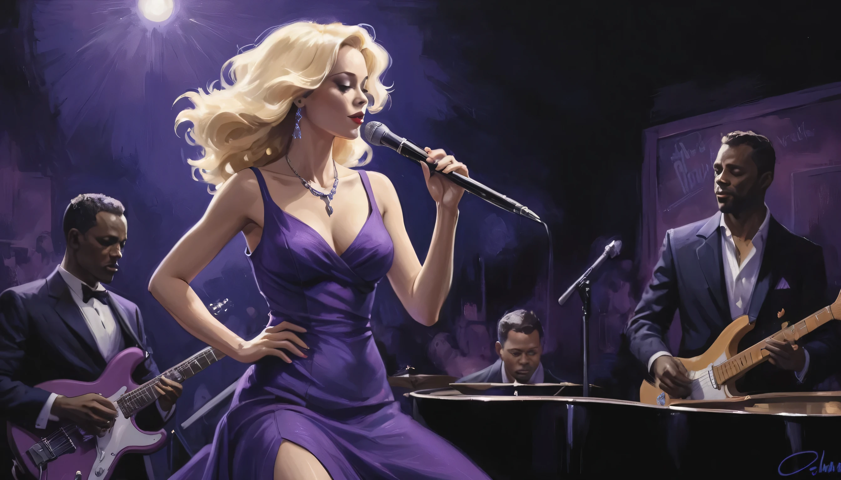 alabama bar, blue note, charismatic, baterist, guitarist, saxophonist, purple dress, illustration, noir fantasy, singer blonde lady,