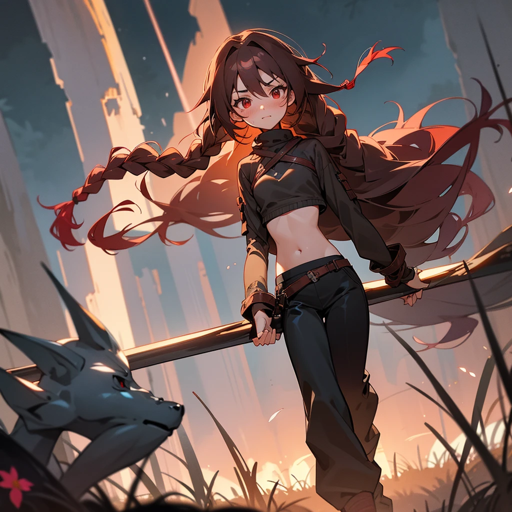 1female, sexy, young , finely detailed red eyes, wild long hair, braided hair, dark brown color hair, adventurer gear, crop top sweater, baggy combat pants, night time, dark forest, excited expression, flowers, blushing, standing on path, lanturns