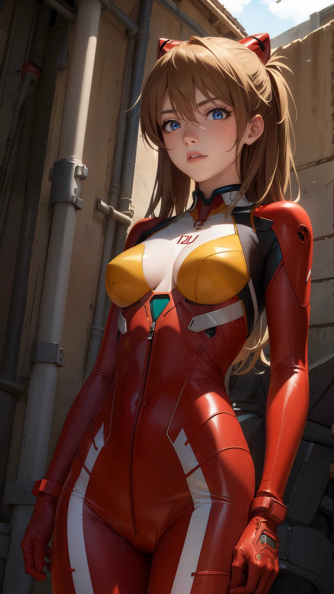 asukalangley, asuka langley soryu, (souryuu asuka langley:1.2), long hair, bangs, blue eyes, brown hair, hair ornament,
BREAK bodysuit, pilot suit, plugsuit, (red bodysuit:1.5), interface headset,
BREAK outdoors, city, sky, clouds, sun,
BREAK looking at viewer, (cowboy shot:1.5),
BREAK (masterpiece:1.2), best quality, high resolution, unity 8k wallpaper, (illustration:0.8), (beautiful detailed eyes:1.6), extremely detailed face, perfect lighting, extremely detailed CG, (perfect hands, perfect anatomy),