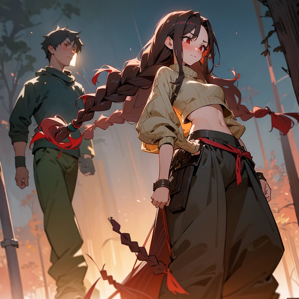 1female, sexy, young , finely detailed red eyes, wild long hair, braided hair, dark brown color hair, adventurer gear, crop top sweater, baggy combat pants, night time, dark forest, excited expression, flowers, blushing, standing on path, lanturns