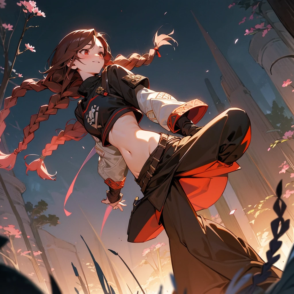 1female, sexy, , finely detailed red eyes, wild long hair, braided hair, dark brown color hair, adventurer gear, crop top sweater, baggy combat pants, night time, dark forest, excited expression, flowers, blushing, standing on path, lanturns