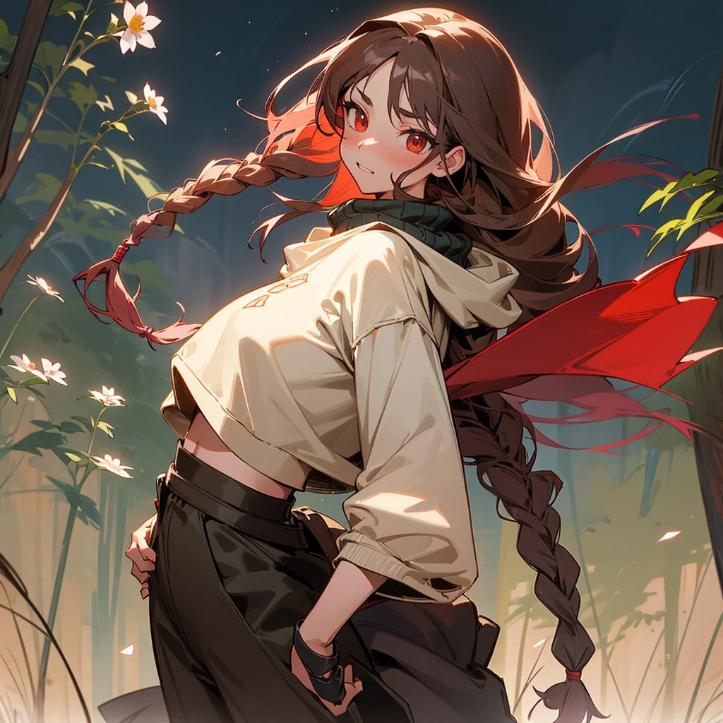 1female, sexy, young , finely detailed red eyes, wild long hair, braided hair, dark brown color hair, adventurer gear, crop top sweater, baggy combat pants, night time, dark forest, excited expression, flowers, blushing, standing on path, lanturns