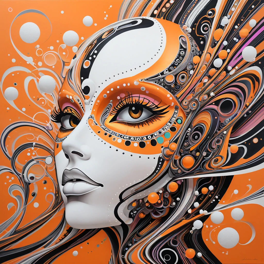 Masque, femme, luisante, bulles aériennes, lignes courbes,  espace abstrait, iridescence, hyper-quality, hyper-detailed, orange/rose/noire/blanc