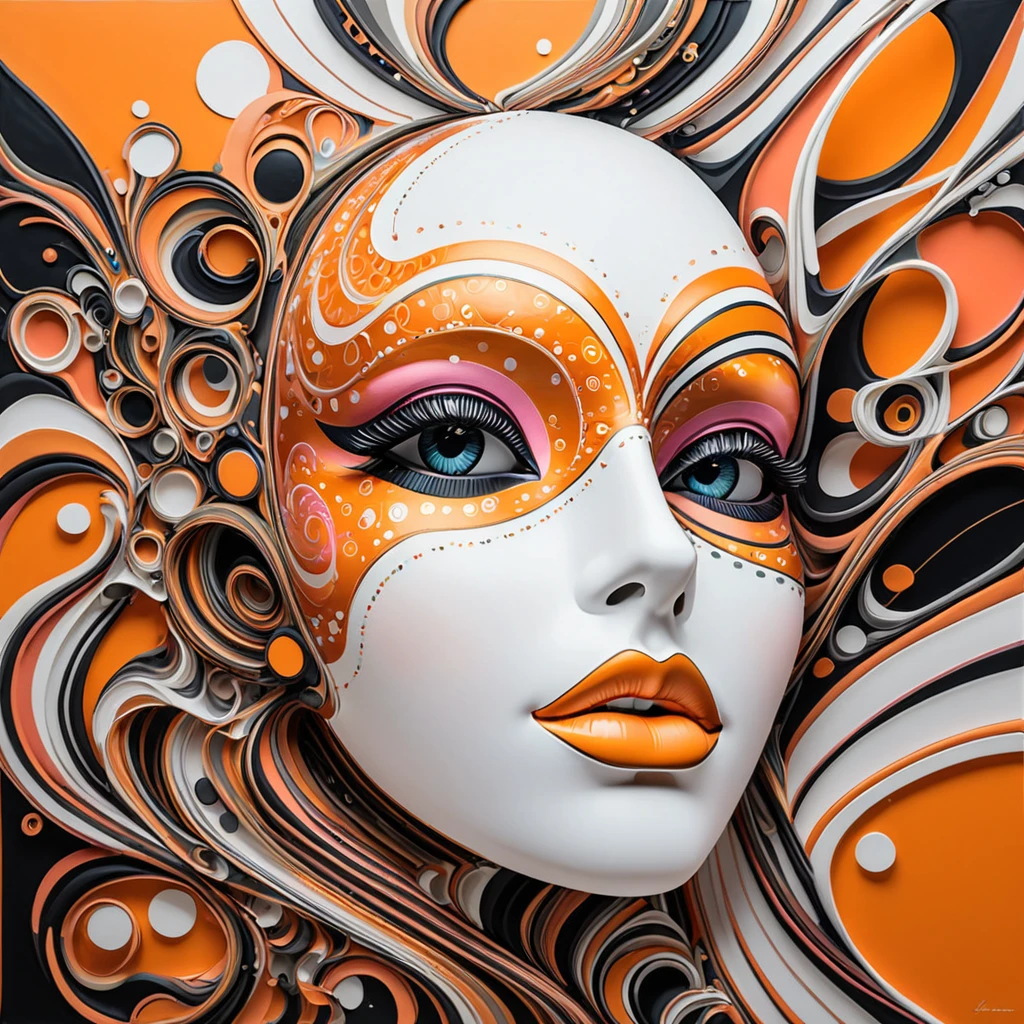 Masque, femme, luisante, bulles aériennes, lignes courbes,  espace abstrait, iridescence, hyper-quality, hyper-detailed, orange/rose/noire/blanc