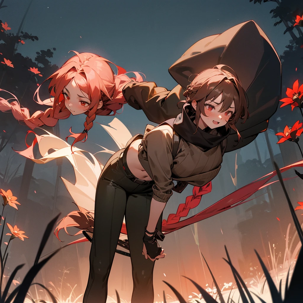 1female, sexy, young teen, finely detailed red eyes, wild long hair, braided hair, dark brown color hair, adventurer gear, crop top sweater, baggy combat pants, night time, dark forest, excited expression, flowers, blushing, standing on path, lanturns