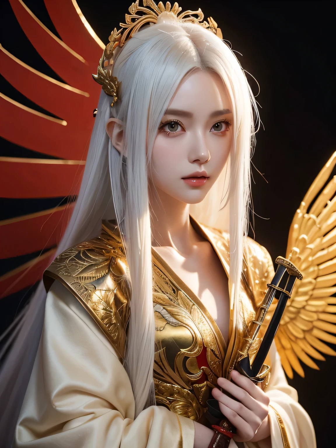 a close up of a woman in a costume with a sword, onmyoji detailed art, g liulian art style, from arknights, trending on artstation pixiv, by Yang J, cushart krenz key art feminine, guweiz on artstation pixiv, rossdraws sakimimichan, onmyoji, prompt:fantasy character with white, slightly tousled hair, pale skin, striking red eyes, intricate golden vine-like patterns, large red and gold wings, highly detailed, elegant, yet fierce