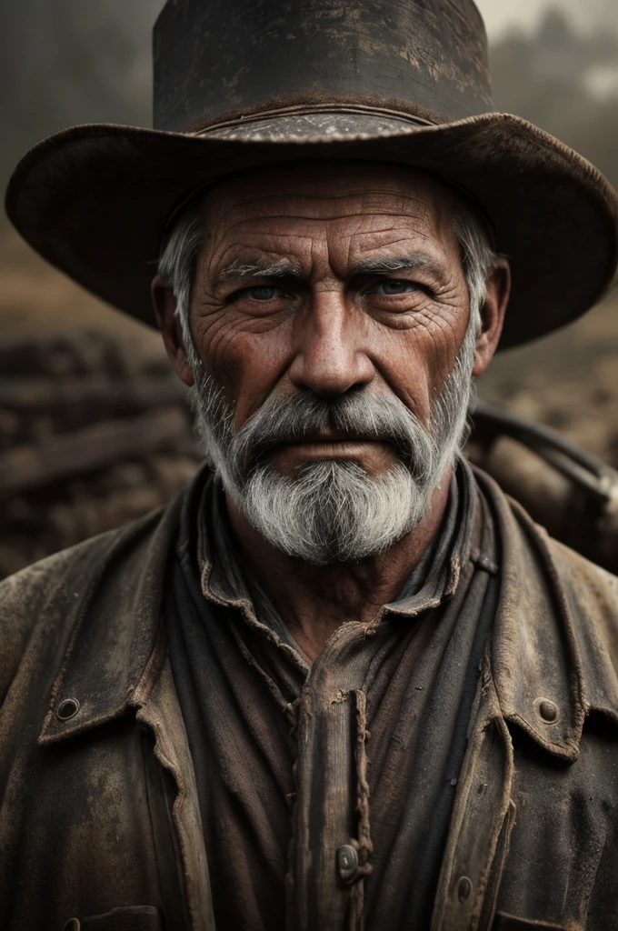 a portrait of an old coal miner in 19th century, beautiful painting with highly detailed face by greg rutkowski and magali villanueve, in the wild west, outside photography, 8k