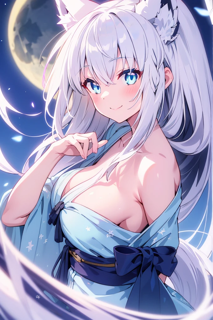 Beautiful wolf girl, Silver Hair, Wolf Year, tail, Bright Blue Eyes, Icy, (Glowing Eyes), (Magic Eye), smile, full moon, night, yukata, Very detailed, Natural light, Vibrant colors, whole body, Wide-angle lens, masterpiece, High resolution,