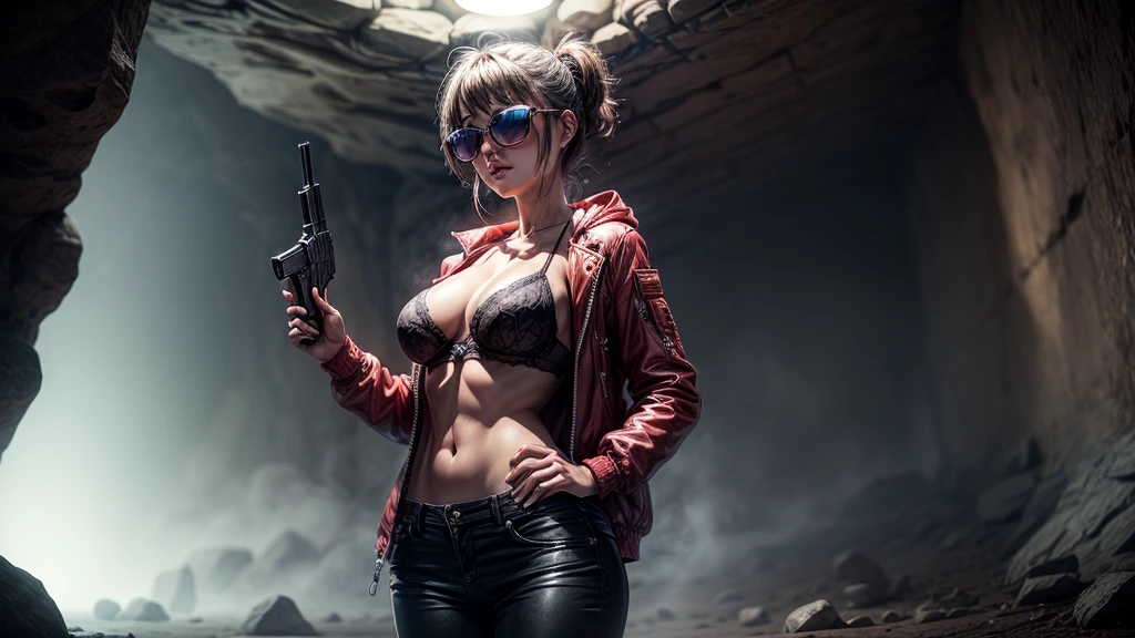at night, fountain of youth, mystery cave, underground. (((1girl, solo, alone))), large-breast:1.2 slim:0.6 body, slim face, cleavage:1.1, sexy lingerie with jacket, (black sunglasses), (((holding a pistol))), standing pose, (half-body thigh:1.1 level medium shot), mysterious fog, cinematic lighting, ray tracing.