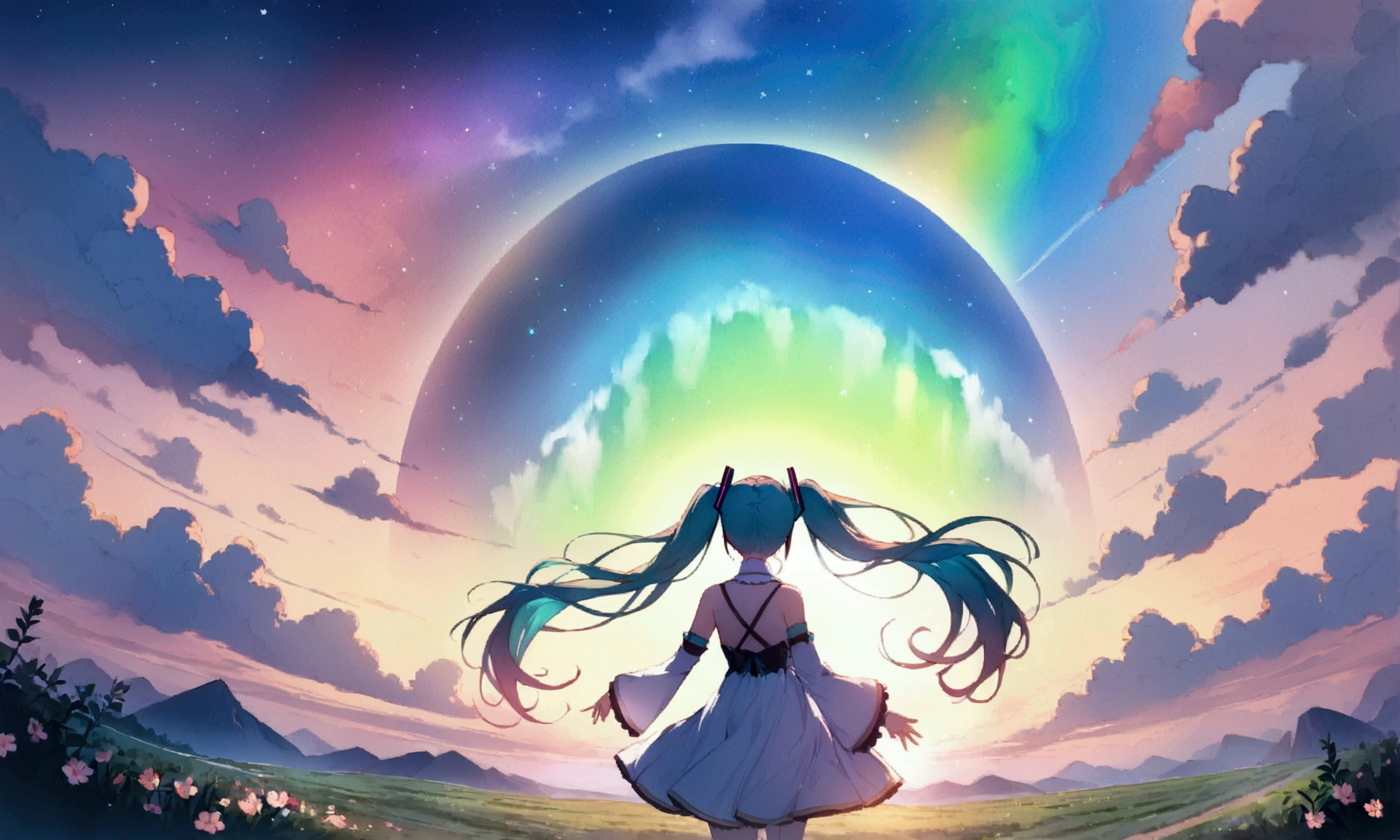 (masterpiece、Highest quality、Highest quality、Official Art、beautiful, beautiful:1.2)、(1 girl:1.3)hatsune miku、Twin tails,big,(High resolution、Very detailed、Hmph、movie、Cherry Blossom Gardenに立つ女の子、Cherry Blossom Garden、Cherry blossom petal splash art、Ultra Detailed Fields、beautiful white starry sky、Aurora、Light blue、Blanche、Nebula in the sky、watercolor、Pastel colored sun、rainbow、Natural scenery,Back view,