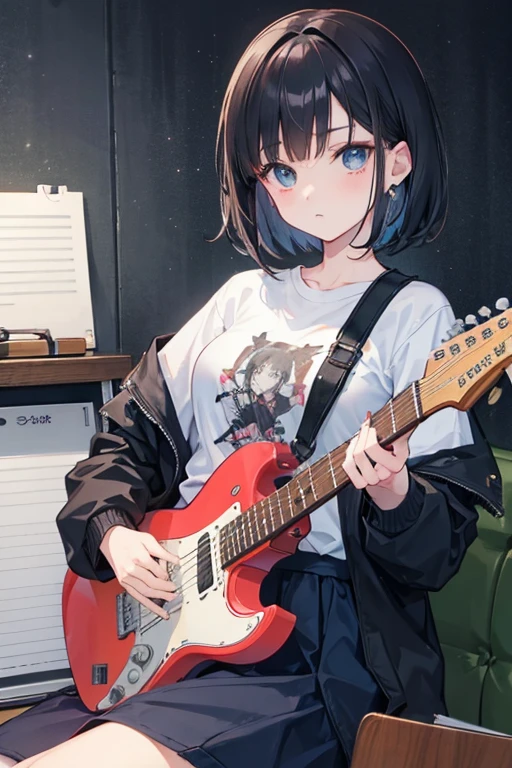 White woman with short dark hair, rocker style, writing in a notebook, with a guitar by his side, anime style