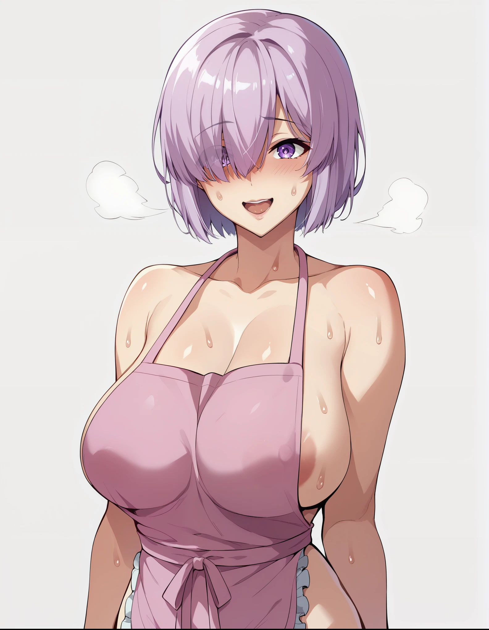 Ultra-detailed illustrations、Ultra-precise expression、masterpiece、Highest quality、ultra High resolution、High resolution、Hiromitsu Takeda Style、White background、Simple Background、Mash Kyrielight、light purple hair,short hair,hair over one eyes、Pink Apron、Vulgar expression、smile、Open your mouth、White Breath、Sweat、Glowing Skin、shiny skin、
