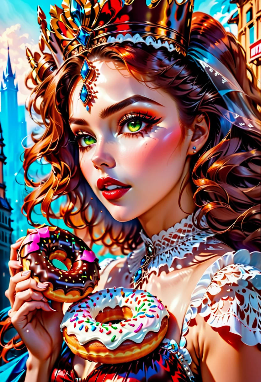 an oil painting portrait of a queen eating a (an epic donut: 1.3), an exotic exquisite beautiful ,mature queen, dynamic hair color, wavy hair, dynamic eyes color,  intense eyes, wearing glamour silk dress, intricate detailed dress, dynamic color dress, dynamic style dress, wearing diamond crown ((eating  a large donut: 1.3)),  (cherries: 1.1), (whipped cream: 1.1), (chocolate bar: 1.1)  fantasy pastry shop background,  vibrant, Ultra-high resolution, High Contrast, (masterpiece:1.5), highest quality, Best aesthetics), best details, best quality, highres, 16k, [ultra detailed], masterpiece, best quality, (extremely detailed) RAW, (ultra details, Masterpiece, best quality),   , Intense gaze, blood, Cinematic Hollywood Film
