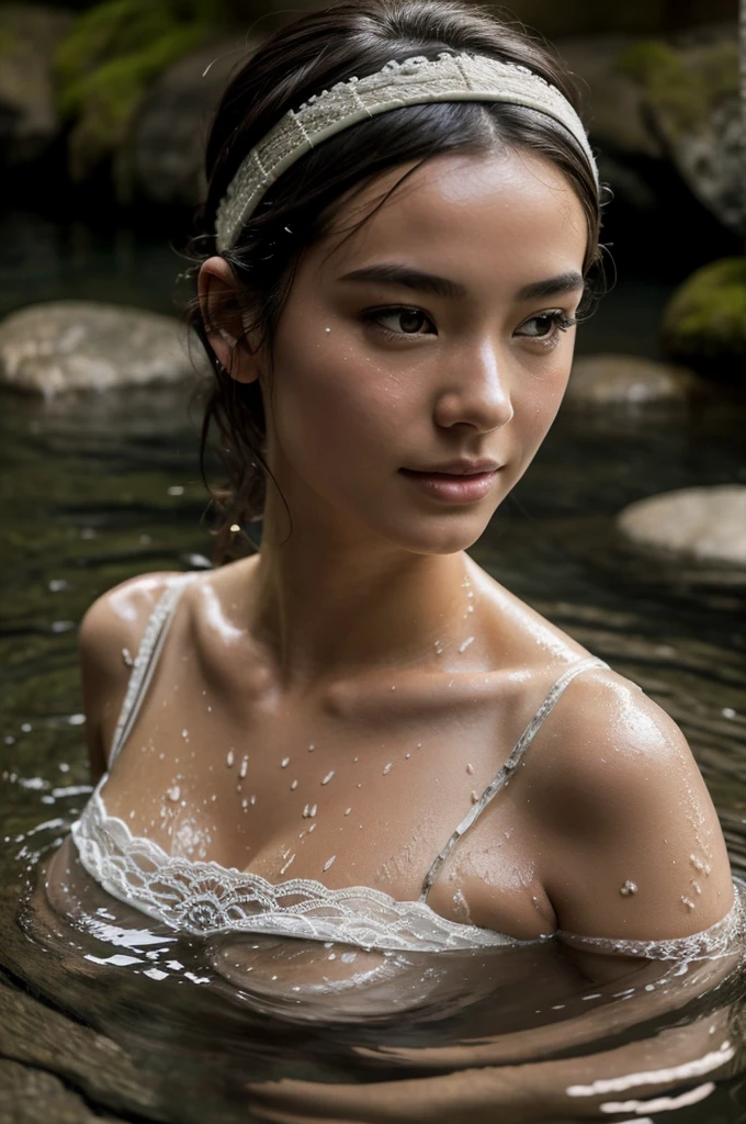 Best Quality, masterpiece, super high resolution, A super model submerged in hot springs in Japan., outdoor hot springs, stone hot springs, surrounded by moss and trees, super beautiful face, pure body, clear pores visible, (smile:0.8), using division (lace headband:1.2), (Realism:1.5), Photo original, soaked body, covered in sweat, bare shoulders, In the dark, deep shadows, low-key, cold light