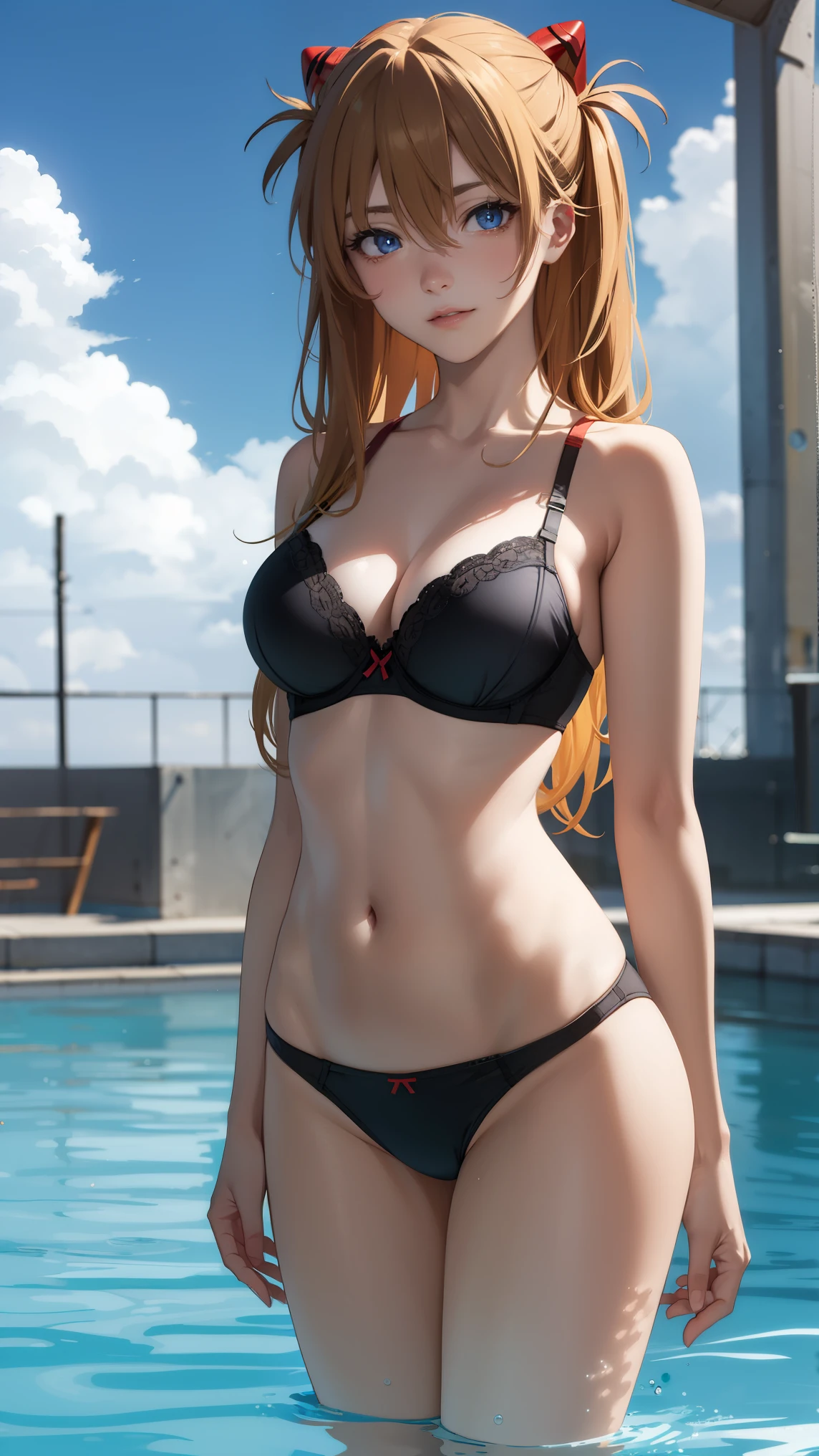 asukalangley, asuka langley soryu, (souryuu asuka langley:1.2), long hair, bangs, blue eyes, brown hair, hair ornament,
BREAK (swim suit, bra, panties:1.2),
BREAK outdoors, city, sky, clouds, sun,
BREAK looking at viewer, (cowboy shot:1.5),
BREAK (masterpiece:1.2), best quality, high resolution, unity 8k wallpaper, (illustration:0.8), (beautiful detailed eyes:1.6), extremely detailed face, perfect lighting, extremely detailed CG, (perfect hands, perfect anatomy),