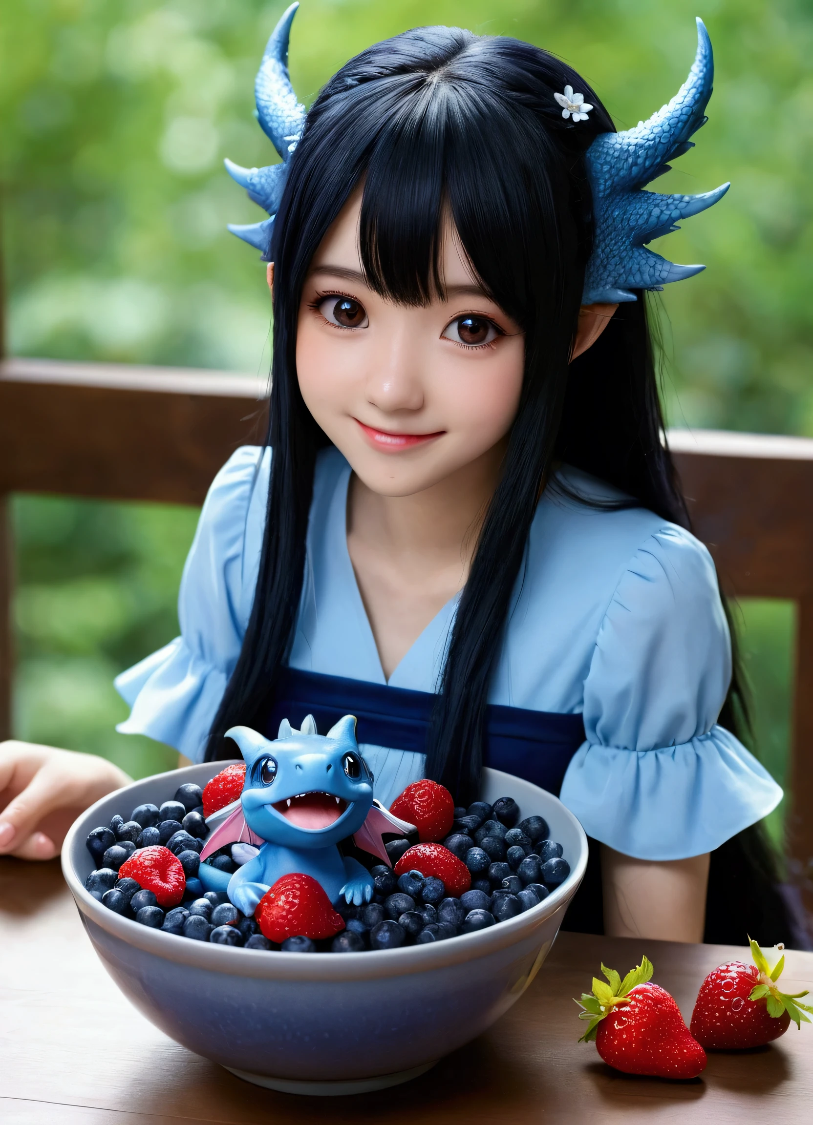 In a bowl with a picture of a blue dragon, there are funny anime girls, tiny, smiling, long black hair, there's a clip in her hair, wearing a light blue and black dress, sitting in a bowl full of blueberries, strawberry, cherry and grape,