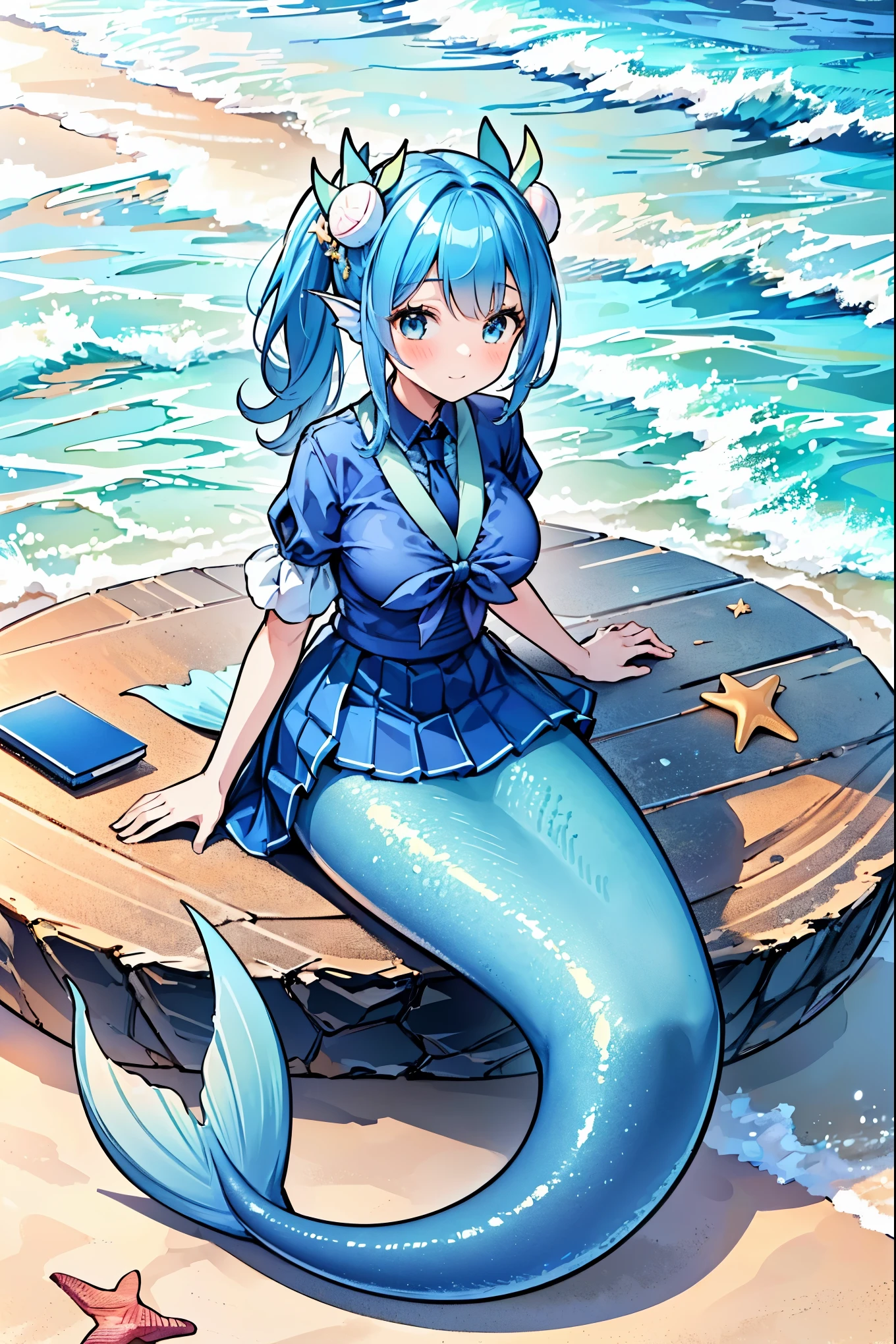 masterpiece, best quality,(Full fingers),A woman,Mermaid,Large Breasts,Head fin,Blue shirt,Blue Skirt,藍色的Mermaid尾巴,full-body shot,ocean,Beach,charming脸(Kawaii, charming,Soft)