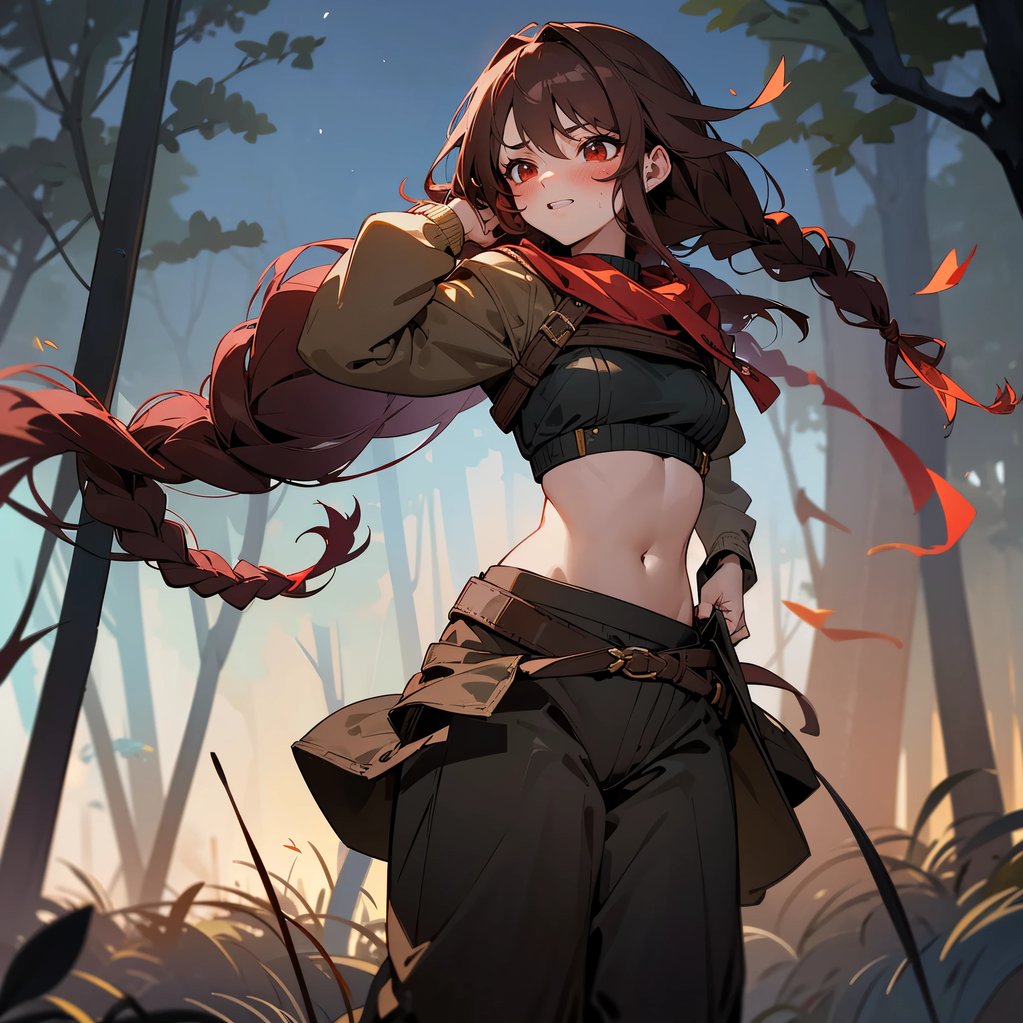 1female, sexy, , finely detailed red eyes, wild long hair, braided hair, dark brown color hair, adventurer gear, crop top sweater, baggy combat pants, night time, dark forest, excited expression, flowers, blushing, standing on path, lanturns