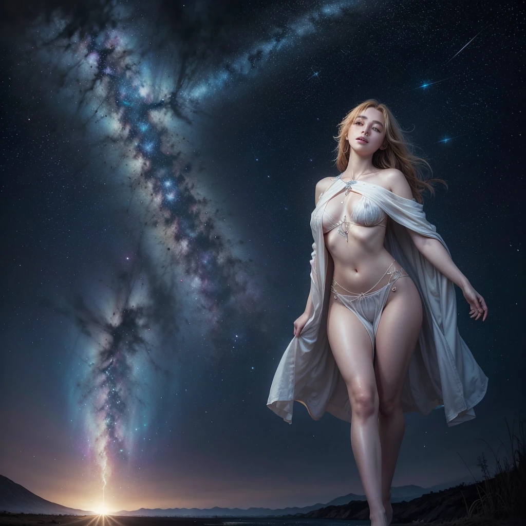 Imagine Epiphany as a radiant, ethereal figure, with an aura of soft light and colors that transform like a galaxy. Your eyes reveal mystery and wisdom, while the universe around you is a field of constellations and symbols that intertwine, reflecting the revelatory and dynamic nature of Epiphany.