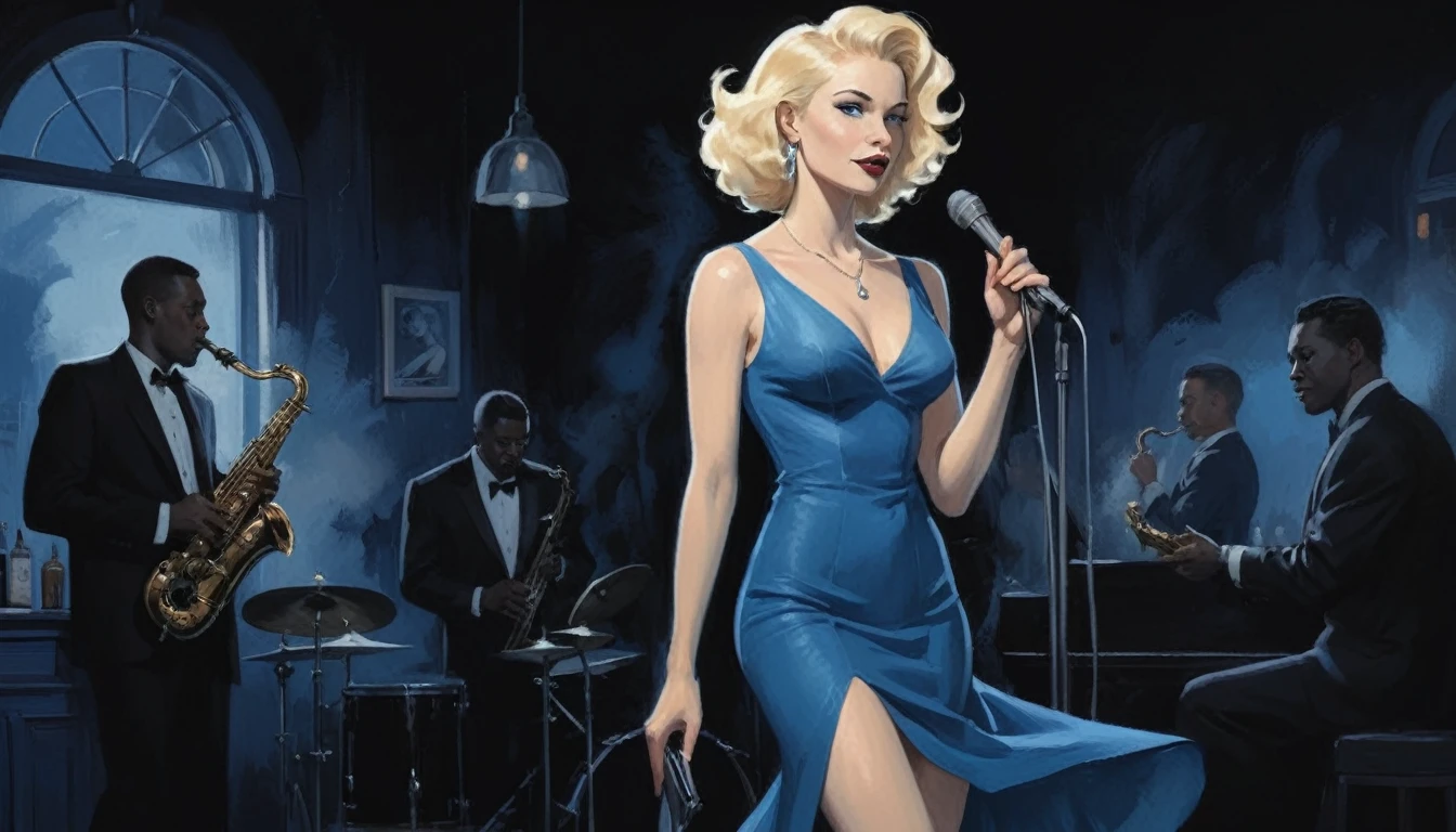 alabama bar, blue note, charismatic, baterist, guitarist, saxophonist, jazz band, blue dress, illustration, noir fantasy, singer blonde lady, 