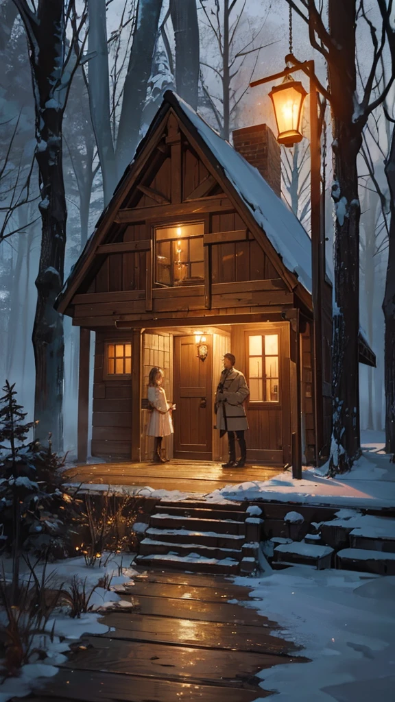 A romantically illuminated couple gazes at a rustic wooden cabin nestled among dense trees in the darkness of night. The cabin's weathered exterior exudes a cozy charm, illuminated by the warm glow of flickering lantern light. The intricate carvings on the door hint at a history of stories and secrets, adding depth to the mysterious scene. This captivating photograph beautifully contrasts the warmth of human connection with the untamed beauty of the forest, evoking a sense of tranquility and nostalgia.