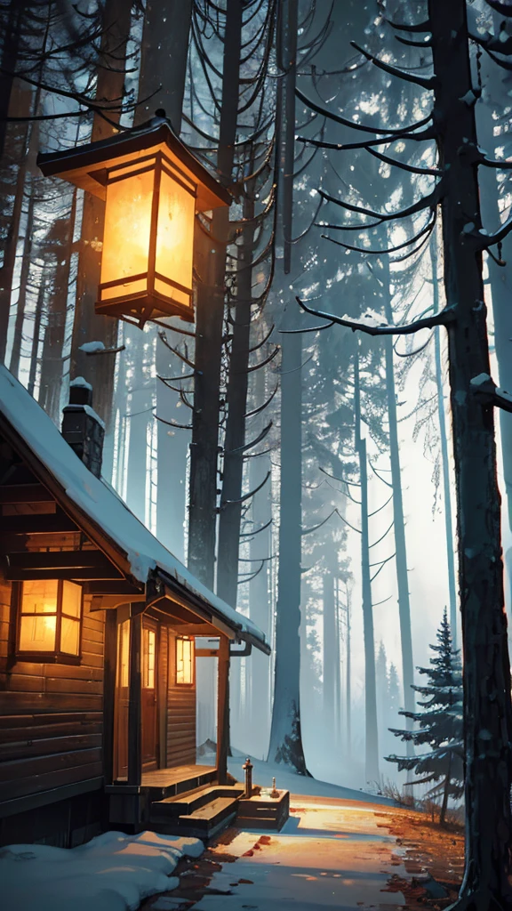 A romantically illuminated couple gazes at a rustic wooden cabin nestled among dense trees in the darkness of night. The cabin's weathered exterior exudes a cozy charm, illuminated by the warm glow of flickering lantern light. The intricate carvings on the door hint at a history of stories and secrets, adding depth to the mysterious scene. This captivating photograph beautifully contrasts the warmth of human connection with the untamed beauty of the forest, evoking a sense of tranquility and nostalgia.