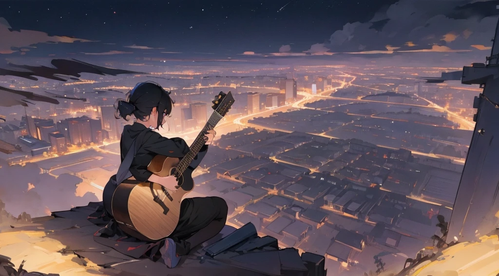 

masterpiece,night,(dark alley),star、Night Sky、Overlooking the city、milky way、Back view、octone、
(1 girl), (solo), Knee hugging sitting，acousticguitar