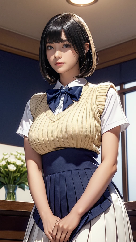 (masterpiece:1.2, Highest quality), (Realistic, photoRealistic:1.4), (Large Breasts:1.5, Saggy breasts:1.3), Beautiful illustrations, (Natural Side Lighting, Cinema Lighting), Written boundary depth, Looking at the audience, (Face Focus, Upper Body), Front view, 1 girl, Japanese, high school girl, 15 years old, Perfect Face, Symmetrical cute face, Glowing Skin, (Bob Hair:1.7,Black Hair), Asymmetrical bangs, Big eyes, Droopy eyes, long eyelashes chest), thin, Beautiful Hair, Beautiful Face, Beautiful and beautiful eyes, Beautiful clavicle, Beautiful body, Beautiful breasts, Beautiful thighs, Beautiful legs, Beautiful fingers, ((Quality fabric texture, brown knit vest, Short sleeve white collar shirt, Navy Pleated Skirt, Navy bow tie)), (Beautiful views), evening, (Inside the flower shop), Are standing, (smile, Superior, Open your mouth), (From below:1.5),(Poor visibility:1.5), (From below)