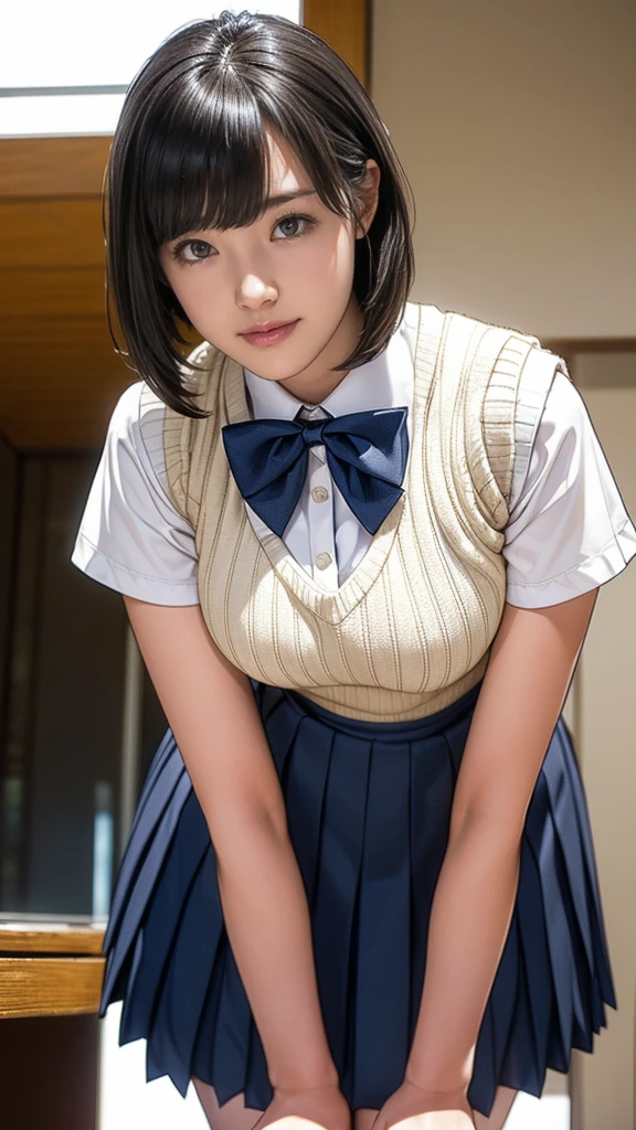 (masterpiece:1.2, Highest quality), (Realistic, photoRealistic:1.4), (Large Breasts:1.5, Saggy breasts:1.3), Beautiful illustrations, (Natural Side Lighting, Cinema Lighting), Written boundary depth, Looking at the audience, (Face Focus, Upper Body), Front view, 1 girl, Japanese, high school girl, 15 years old, Perfect Face, Symmetrical cute face, Glowing Skin, (Bob Hair:1.7,Black Hair), Asymmetrical bangs, Big eyes, Droopy eyes, long eyelashes chest), thin, Beautiful Hair, Beautiful Face, Beautiful and beautiful eyes, Beautiful clavicle, Beautiful body, Beautiful breasts, Beautiful thighs, Beautiful legs, Beautiful fingers, ((Quality fabric texture, brown knit vest, Short sleeve white collar shirt, Navy Pleated Skirt, Navy bow tie)), (Beautiful views), evening, (Inside the flower shop), Are standing, (smile, Superior, Open your mouth), (From below:1.5),(Poor visibility:1.5), (From below)