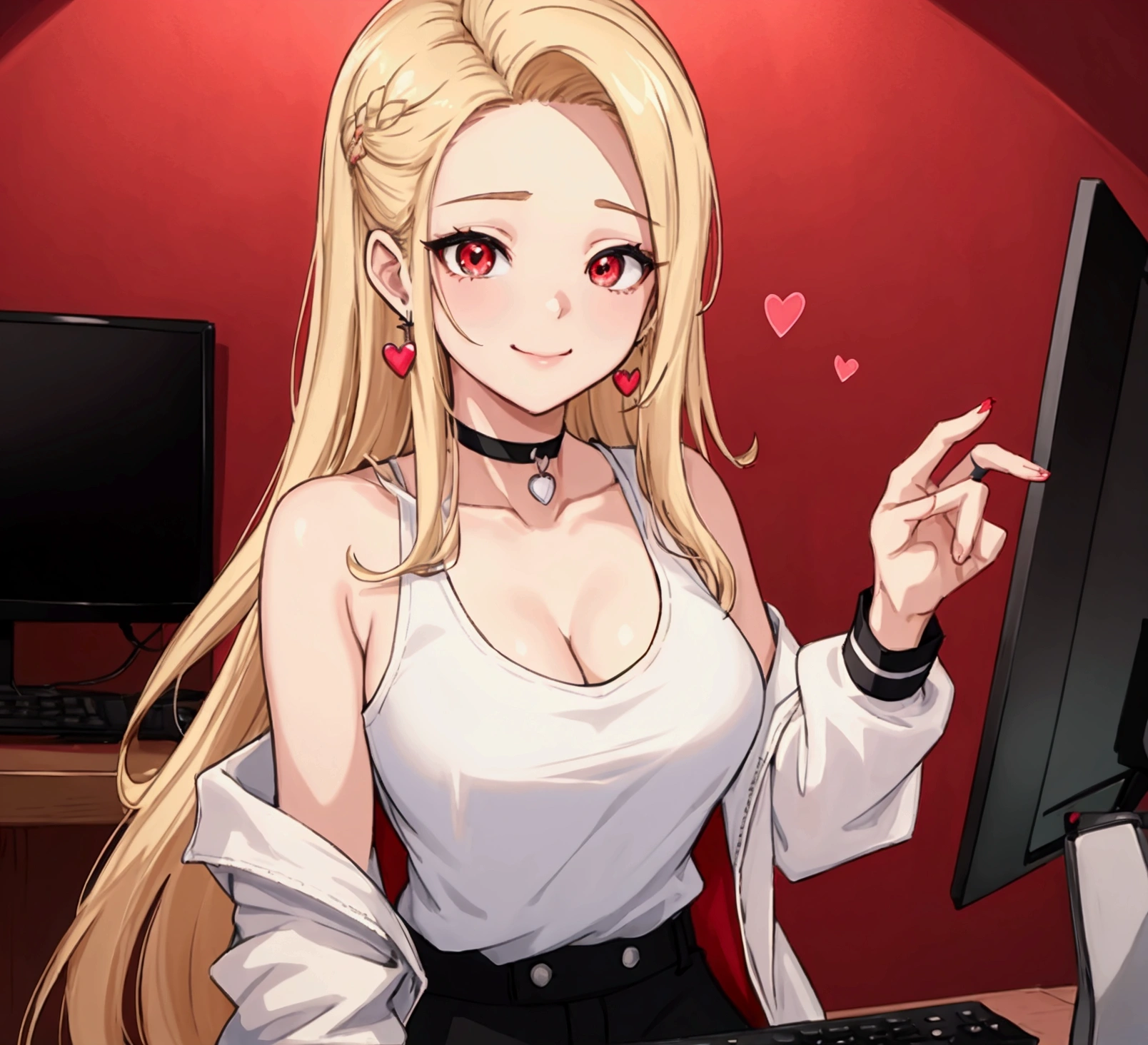 ((최고의 품질)), ((걸작)), (상세한), 여자 1명, Create an anime-style digital artwork of a character with long, straight, sleek blonde hair and bright red eyes. The character is wearing a white cardigan over a black tank top and dolphin shorts. She is accessorized with a pink heart pendant choker and long, decorative earrings. Her hair features a red heart hairpin on the side. The character is sitting in her room in front of a desktop computer, smiling warmly. The background should show a cozy room with soft lighting, with elements like a computer desk, monitor, and some personal items scattered around. The overall mood should be relaxed and inviting, capturing the essence of a casual day indoors.shiny forehead,slicked-back hair, forehead