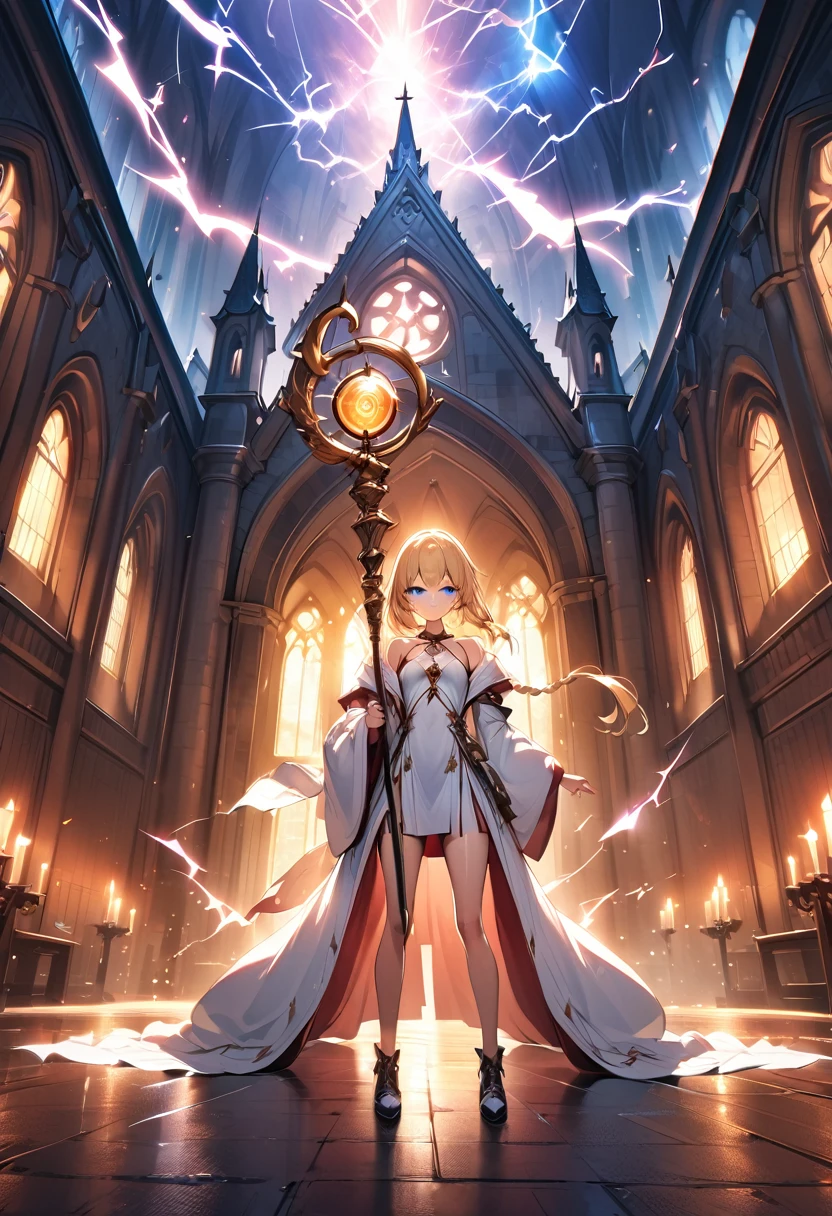 1 girl, trap, Blonde Hair, One-side long braid, blue eyes, flat chest, A short person, White robe, Bare legs, Thunder and Lightning，lightning，electrical arcs，Discharge of，magic，Thunder holding the golden staff, Church Background, Textured Skin, Ultra HD, Ultra HD, Ultra HD, Ultra HD, The award-winning, High Detail, Incredible high-key lighting and shadows, masterpiece, Incredible illustrations