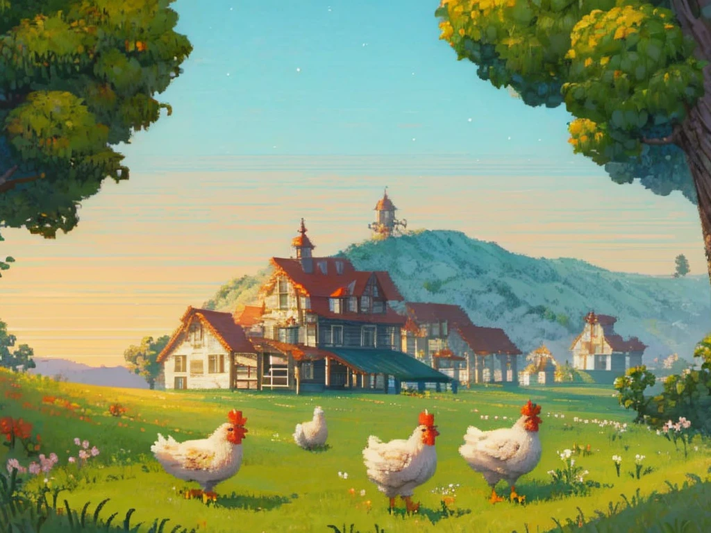 chicken on a farm but let the chicken be the protagonist of said image 